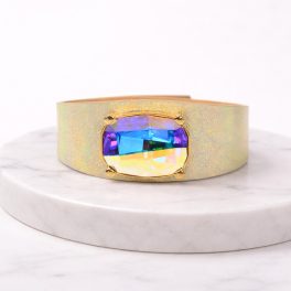 Queen Bracelet – Gold Leather, Iridescent Crystal
