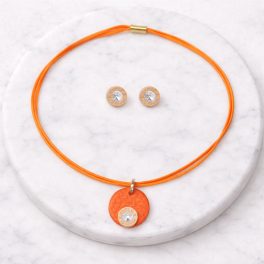 Lollipop Orange Necklace & White Crystal Earrings Set