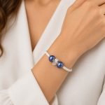 Beluga - Leather Bracelet with Pearls and Crystal - Blue, White