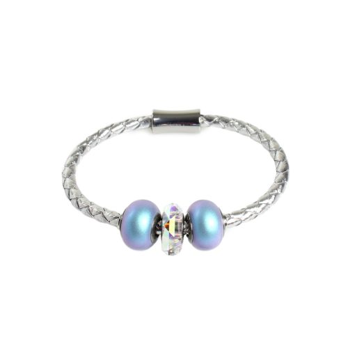 Beluga - Leather Bracelet with Pearls and Crystal - Light Blue, Silver