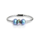 Beluga - Leather Bracelet with Pearls and Crystal - Light Blue, Silver