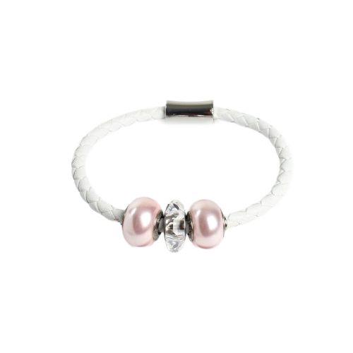 Beluga - Leather Bracelet with Pearls and Crystal - White, Pink