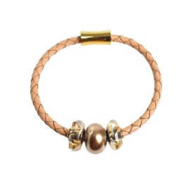 Beluga - Leather Bracelet with Pearls and Crystal - Beige