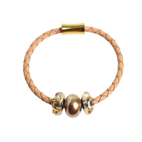 Beluga - Leather Bracelet with Pearls and Crystal - Beige