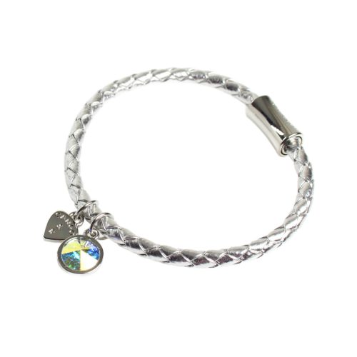 Silver Leather Bracelet with Crystal and Logo