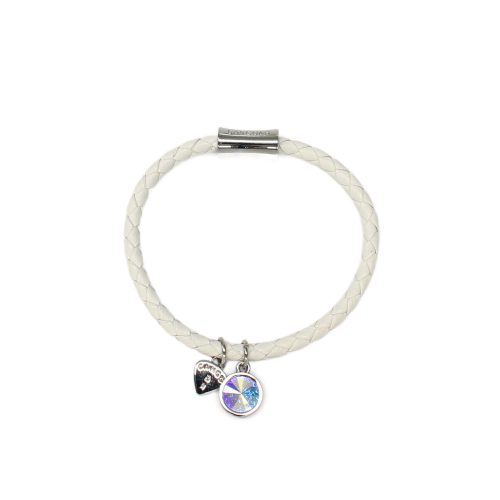 White Leather Bracelet with Crystal and Logo
