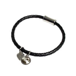 Black Leather Bracelet with Crystal and Logo