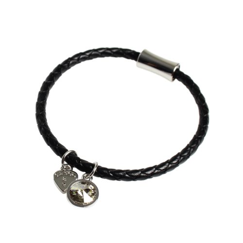 Black Leather Bracelet with Crystal and Logo