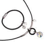 Black Leather Bracelet with Crystal and Logo