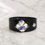 Black Leather Bracelet for Women with Crystals