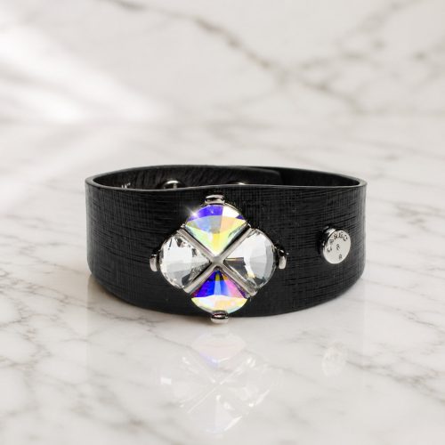 Black Leather Bracelet for Women with Crystals
