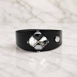 Black Leather Bracelet for Women with Crystals