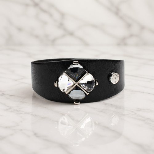 Black Leather Bracelet for Women with Crystals